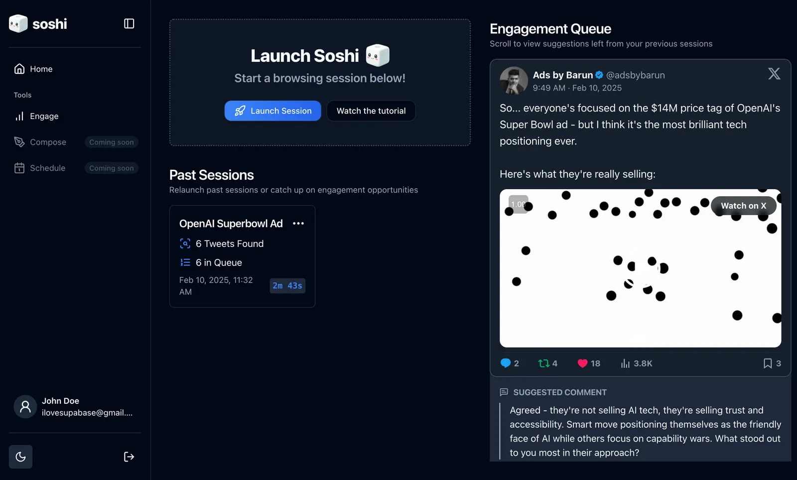 Soshi dashboard screenshot